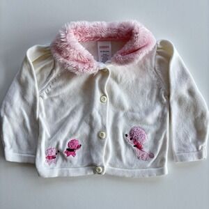 Gymboree Y2K Poodle Cardigan Sweater Girls 12-18 Months Ivory‎ Pink Plush Collar